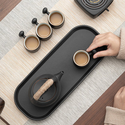 Japanese Black Pottery Tea Set with Warmer 7-Piece