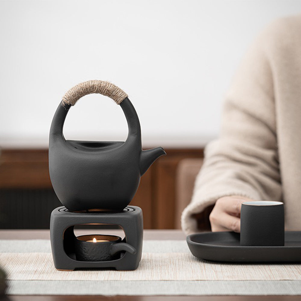 Japanese Black Pottery Tea Set with Warmer 7-Piece