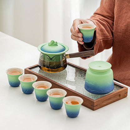 Gongfu Tea Set Japanese Mountain Sea Pottery 290ml 6 Cups Caddy