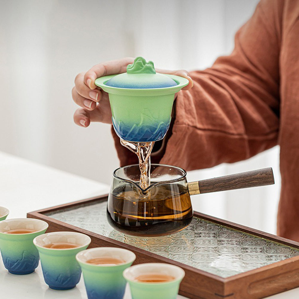 Gongfu Tea Set Japanese Mountain Sea Pottery 290ml 6 Cups Caddy