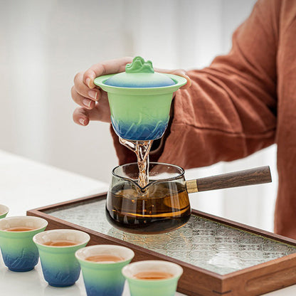 Gongfu Tea Set Japanese Mountain Sea Pottery 290ml 6 Cups Caddy