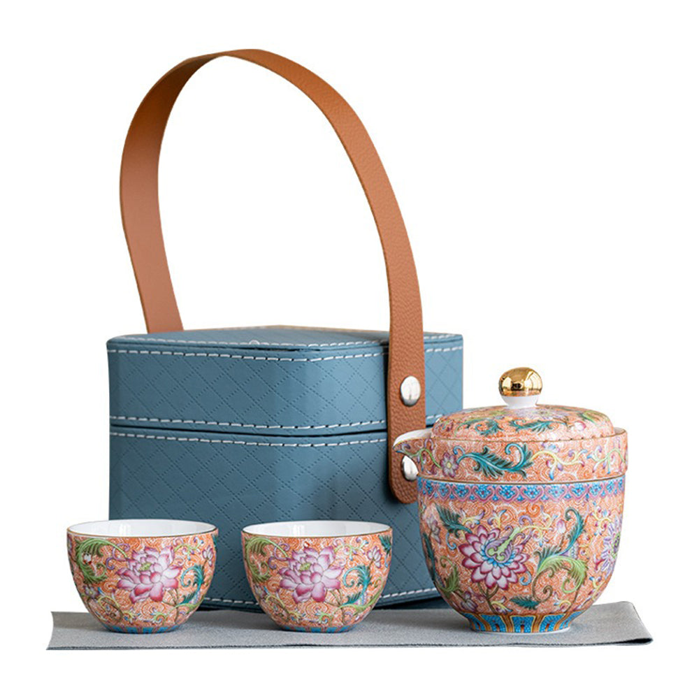Enamel Porcelain Travel Tea Set with Waterproof Bag