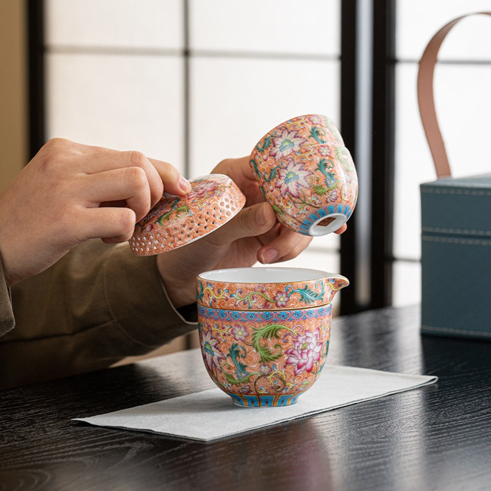 Enamel Porcelain Travel Tea Set with Waterproof Bag