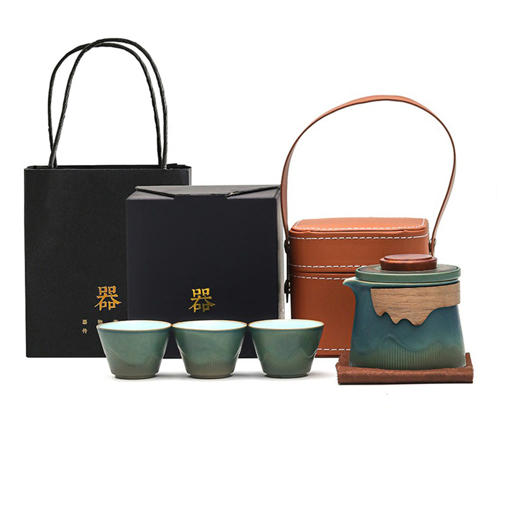 Travel Tea Set | Kiln-Change Blue Glaze Teapot & 3 Cups