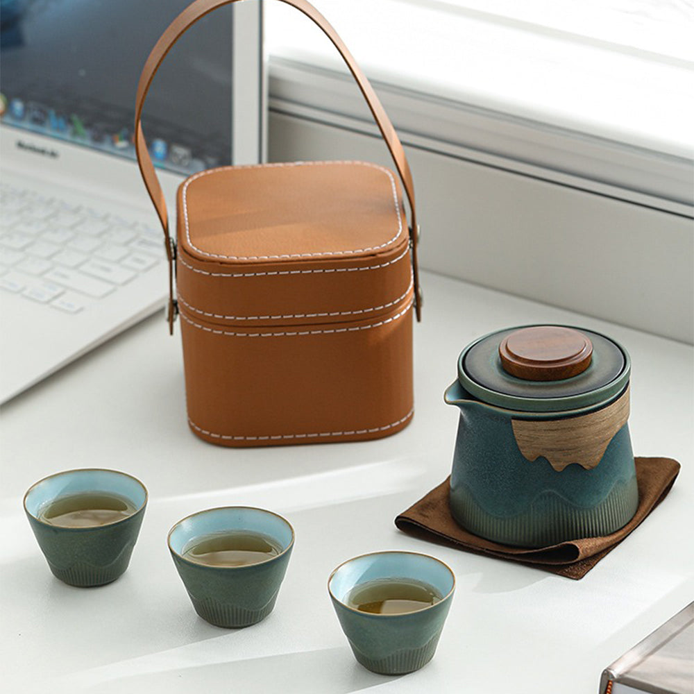 Travel Tea Set | Kiln-Change Blue Glaze Teapot & 3 Cups