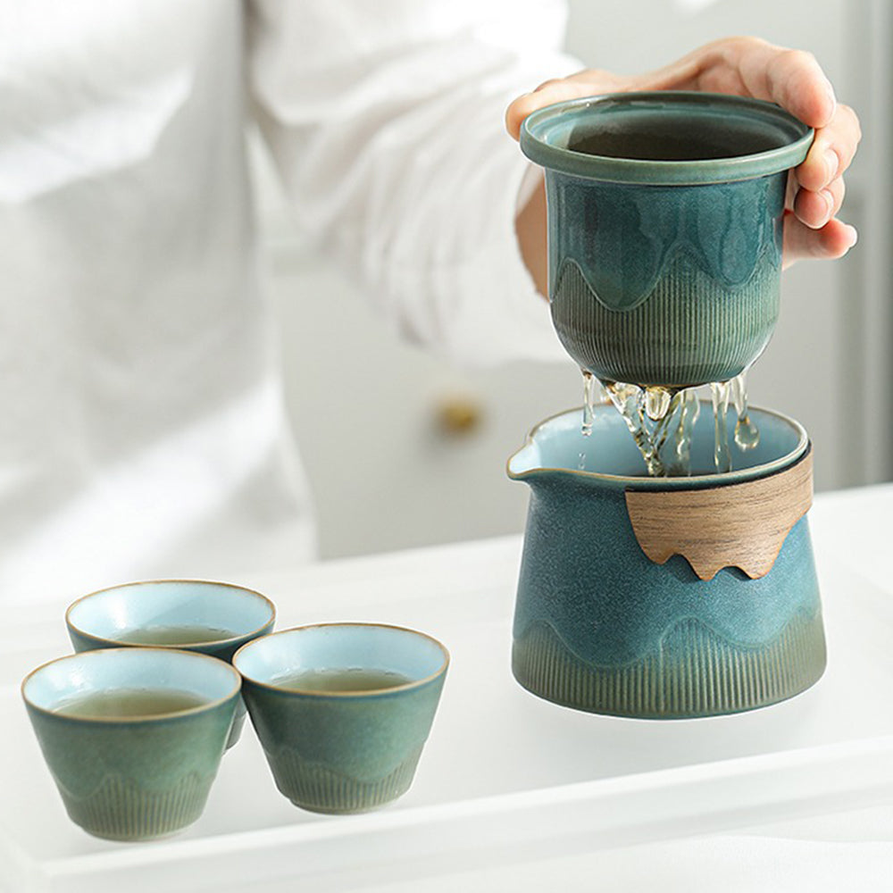 Travel Tea Set | Kiln-Change Blue Glaze Teapot & 3 Cups