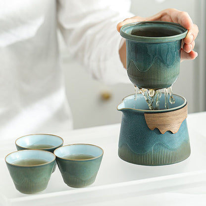 Travel Tea Set | Kiln-Change Blue Glaze Teapot & 3 Cups