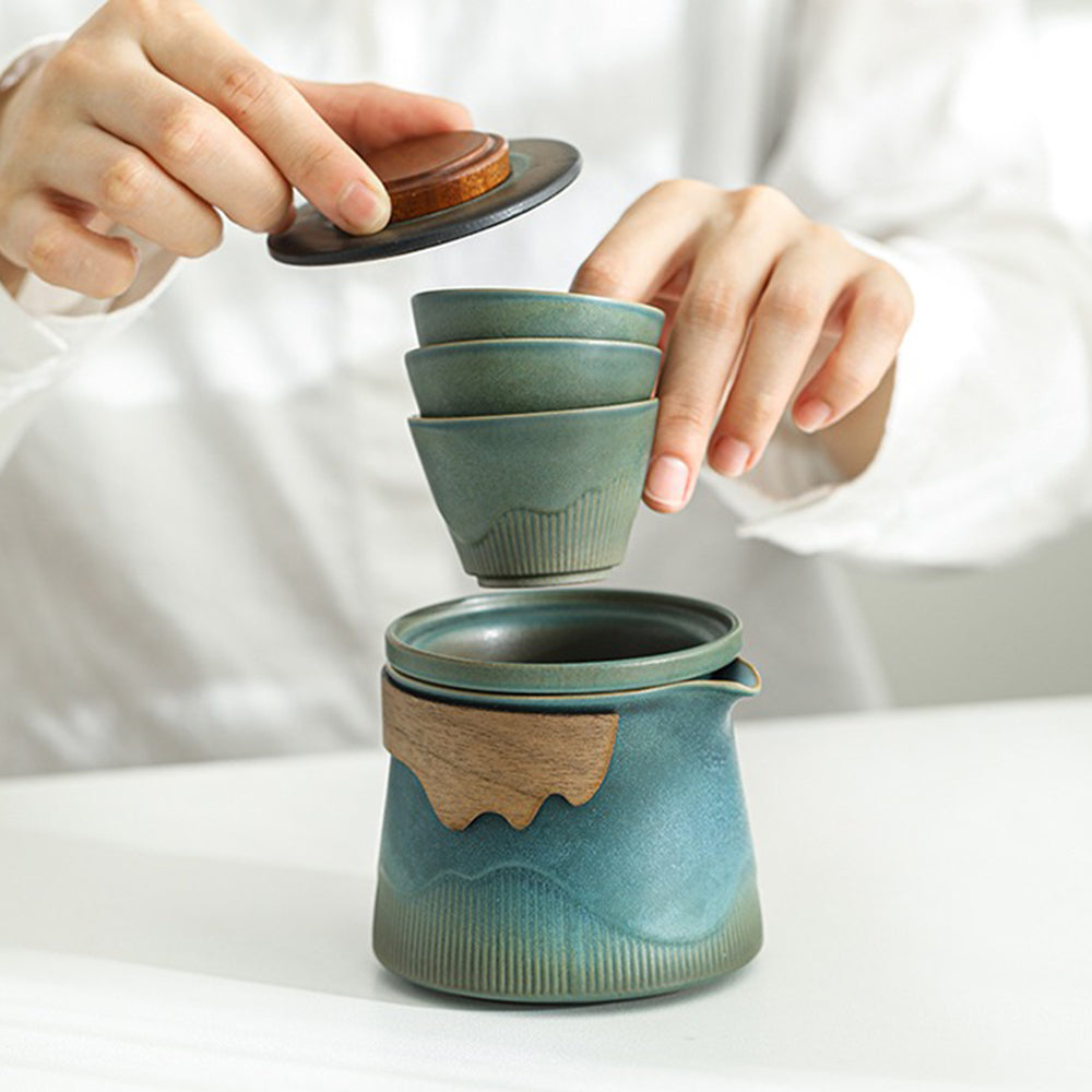 Travel Tea Set | Kiln-Change Blue Glaze Teapot & 3 Cups