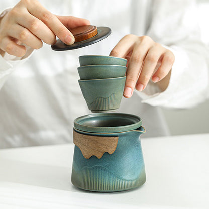 Travel Tea Set | Kiln-Change Blue Glaze Teapot & 3 Cups