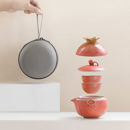 Travel Tea Set Pomegranate Ceramic – Teapot 2 Cups Master Cup & Bag