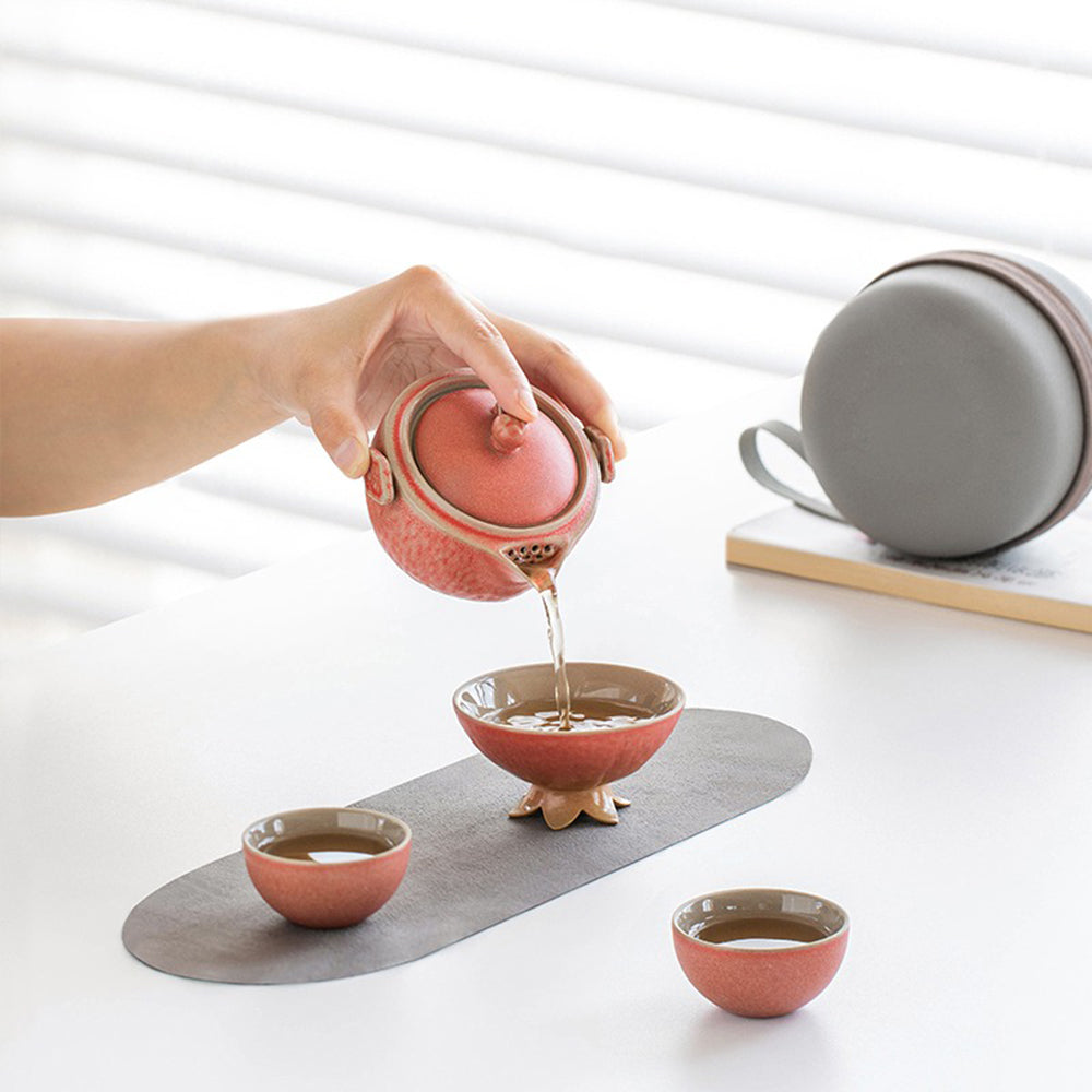 Travel Tea Set Pomegranate Ceramic – Teapot 2 Cups Master Cup & Bag