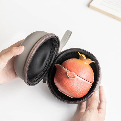 Travel Tea Set Pomegranate Ceramic – Teapot 2 Cups Master Cup & Bag