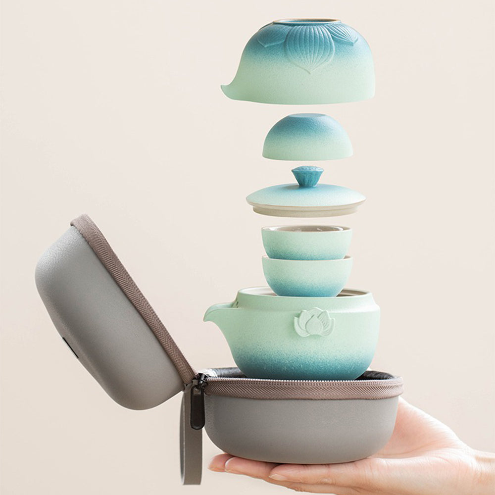 Travel Tea Set Lotus Shiboridashi Ceramic Portable