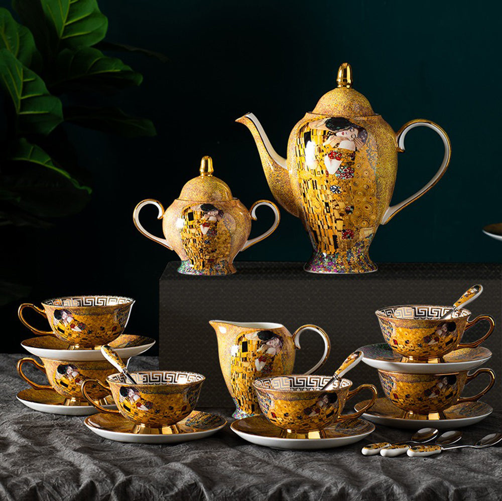 British Bone China Afternoon Tea Set The Kiss 21-Piece Gold