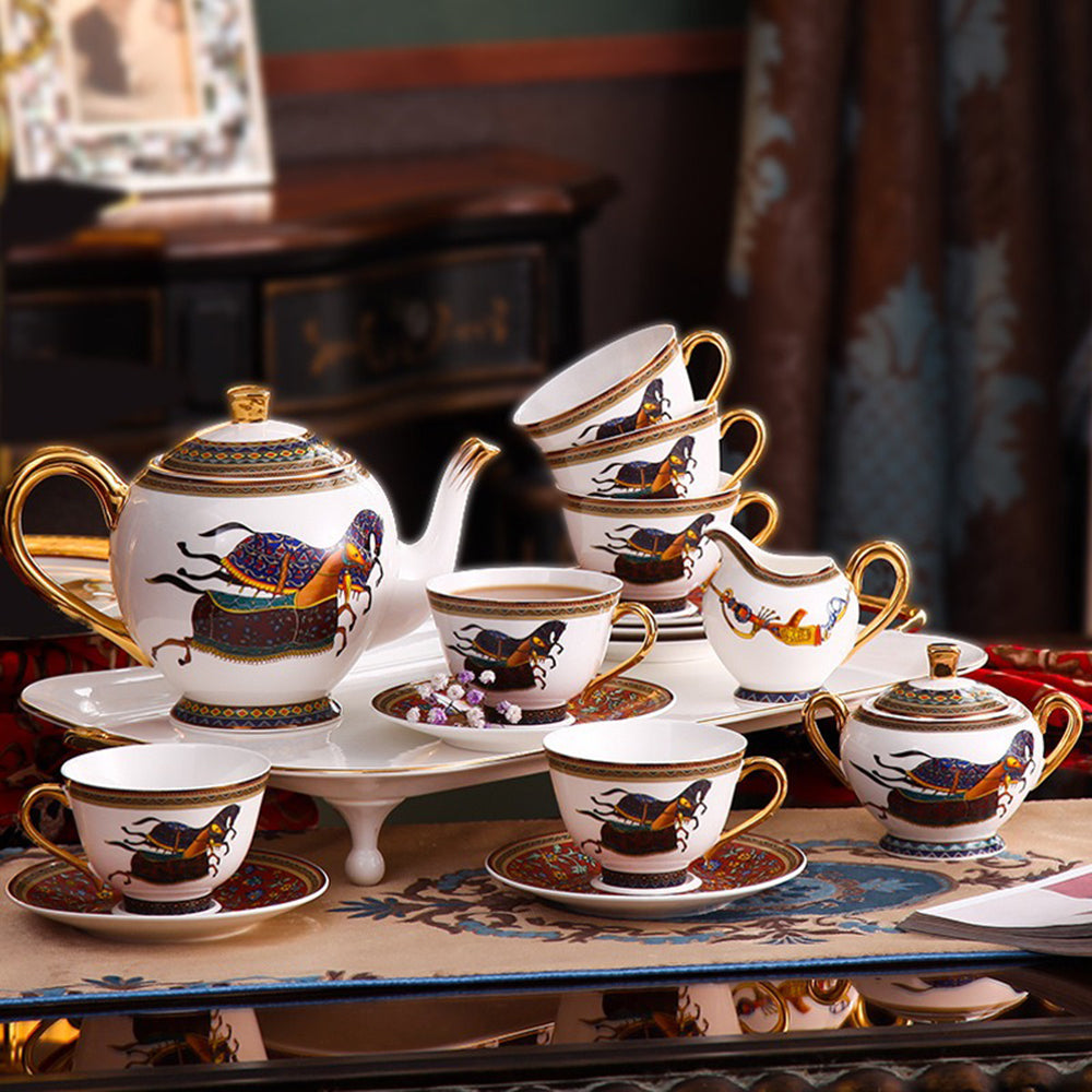 British Bone China Tea Set Galloping Horse 24K Gold 15-Piece