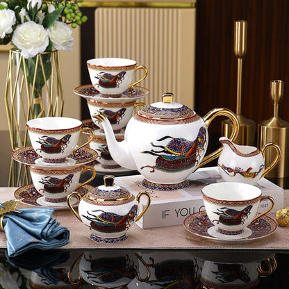 British Bone China Tea Set Galloping Horse 24K Gold 15-Piece