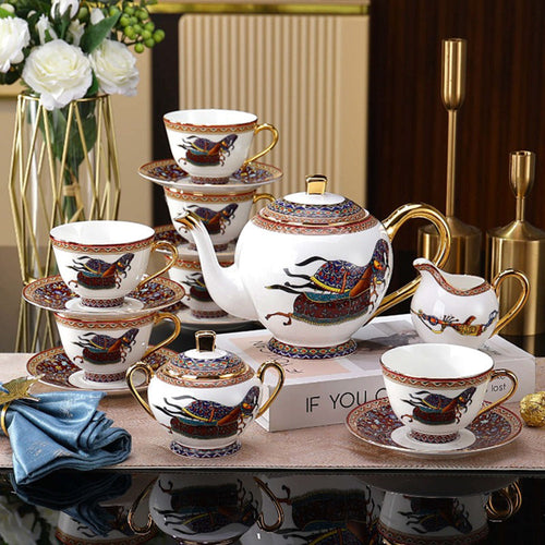British Bone China Tea Set Galloping Horse 24K Gold 15-Piece