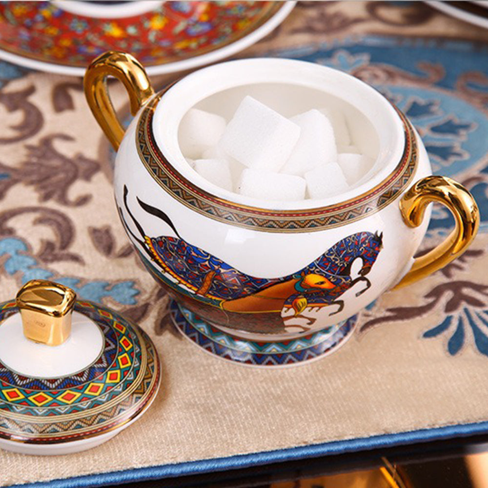British Bone China Tea Set Galloping Horse 24K Gold 15-Piece