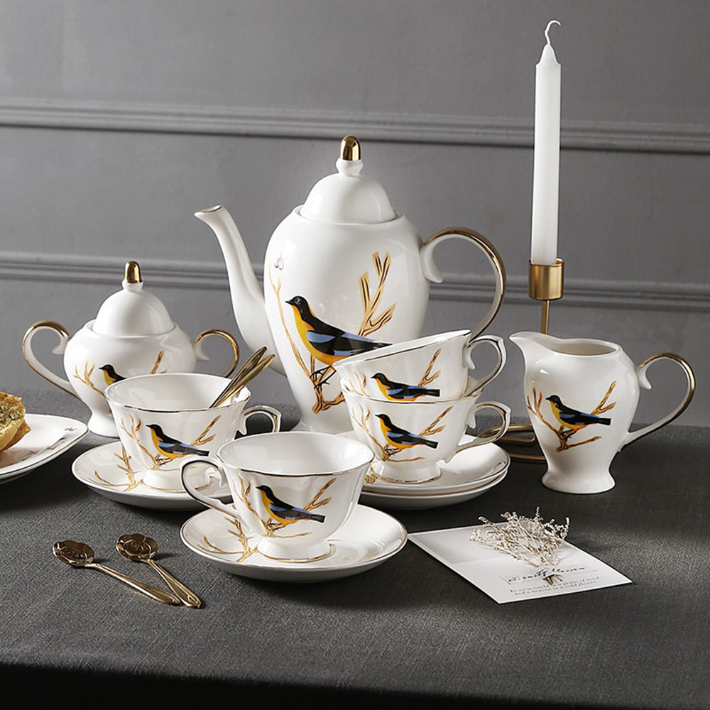 British Bone China Magpie Tea Set Gold Rim 15-Piece Gift Box