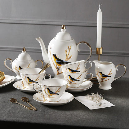 British Bone China Magpie Tea Set Gold Rim 15-Piece Gift Box