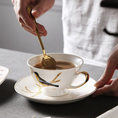 British Bone China Magpie Tea Set Gold Rim 15-Piece Gift Box