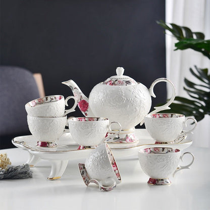 Bone China Tea Set Rose Engraving Gold Rim 8pc with Tray