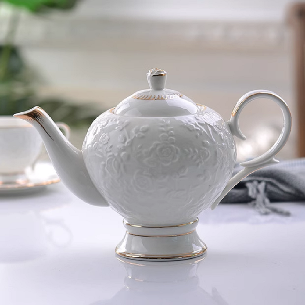 Bone China Tea Set Rose Engraving Gold Rim 8pc with Tray