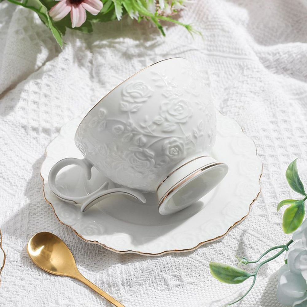 Bone China Tea Set Rose Engraving Gold Rim 8pc with Tray