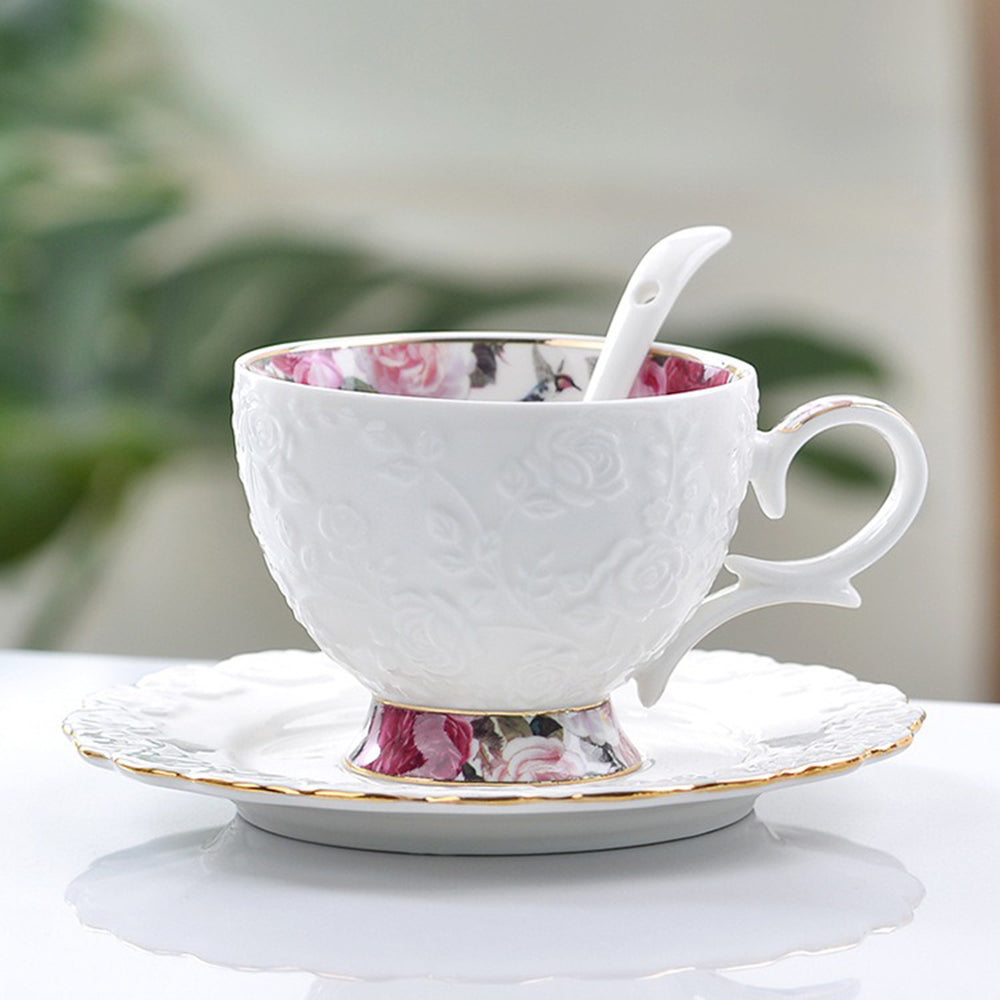Bone China Tea Set Rose Engraving Gold Rim 8pc with Tray