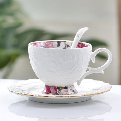 Bone China Tea Set Rose Engraving Gold Rim 8pc with Tray