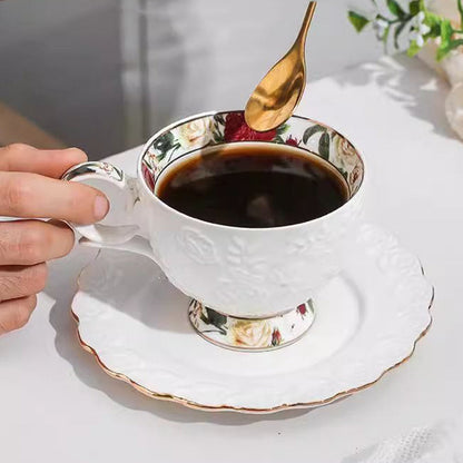 Bone China Tea Set Rose Engraving Gold Rim 8pc with Tray