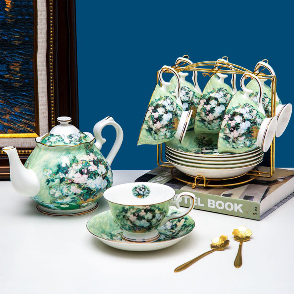 Bone China Tea Set Van Gogh White Rose Gold Rim 21-Piece