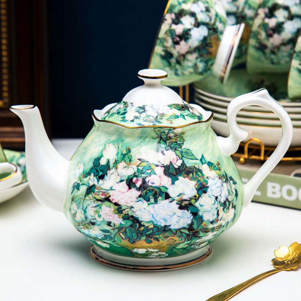 Bone China Tea Set Van Gogh White Rose Gold Rim 21-Piece