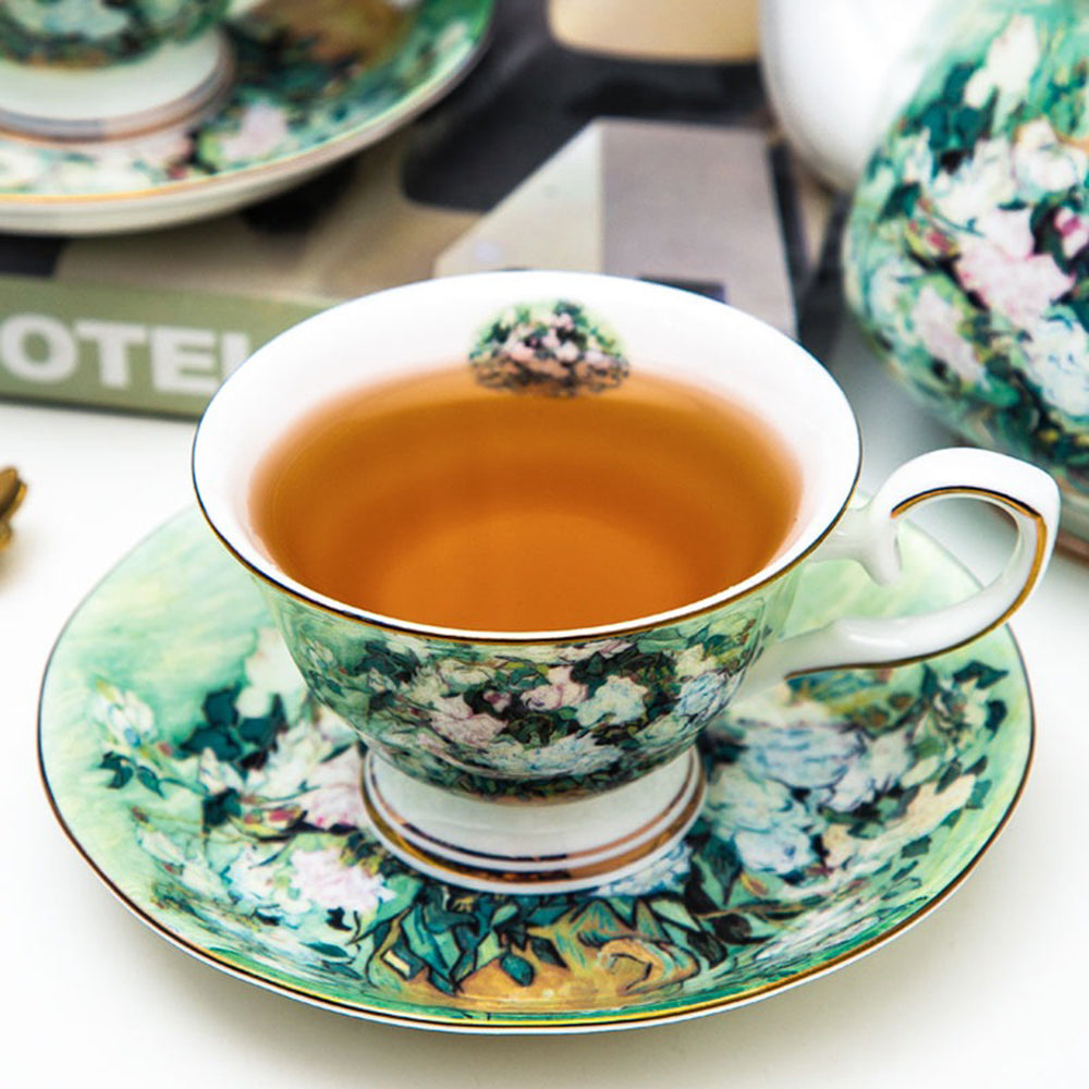 Bone China Tea Set Van Gogh White Rose Gold Rim 21-Piece
