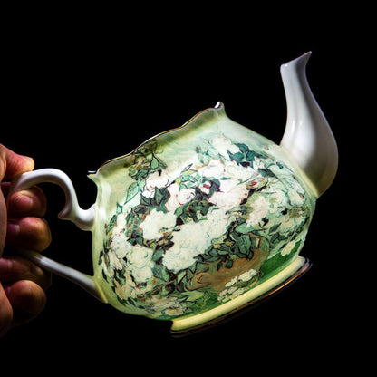 Bone China Tea Set Van Gogh White Rose Gold Rim 21-Piece