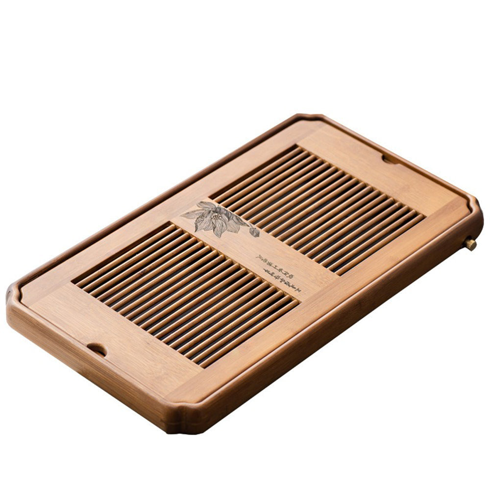 Bamboo Tea Tray with Drainage - Lotus Pattern Grid Panel