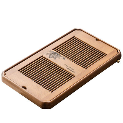 Bamboo Tea Tray with Drainage - Lotus Pattern Grid Panel