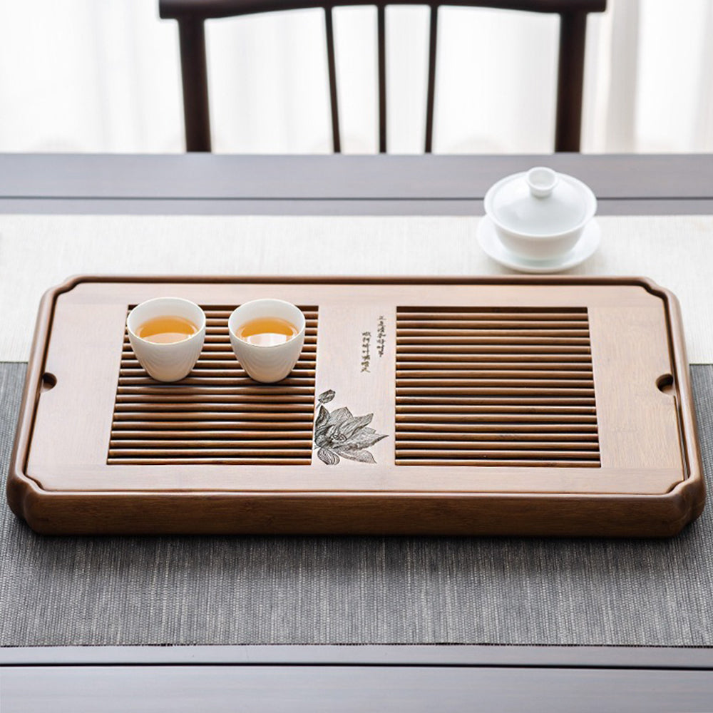 Bamboo Tea Tray with Drainage - Lotus Pattern Grid Panel