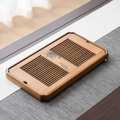 Bamboo Tea Tray with Drainage - Lotus Pattern Grid Panel