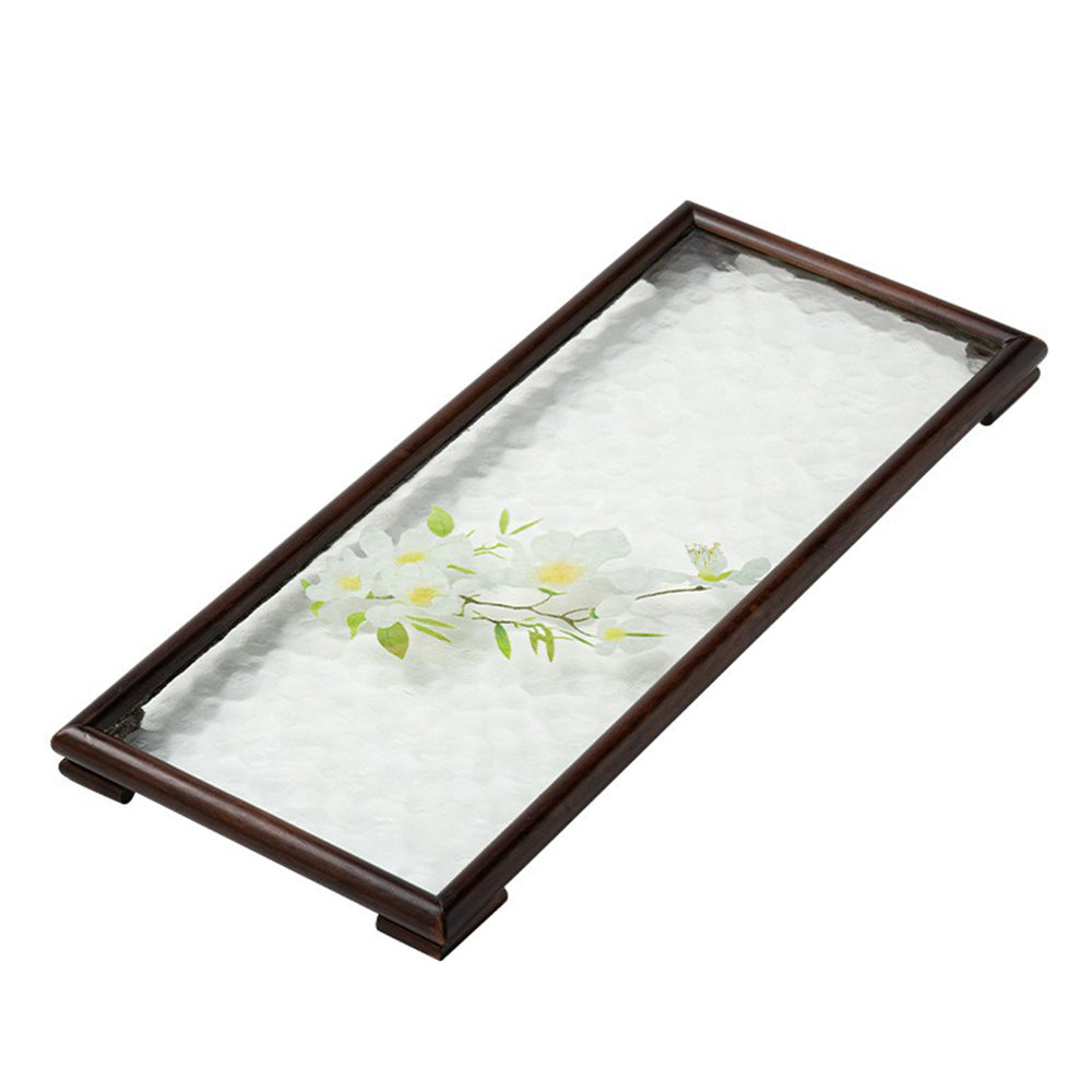 Glass Tea Tray Walnut Wood Frame Water Ripple Floral