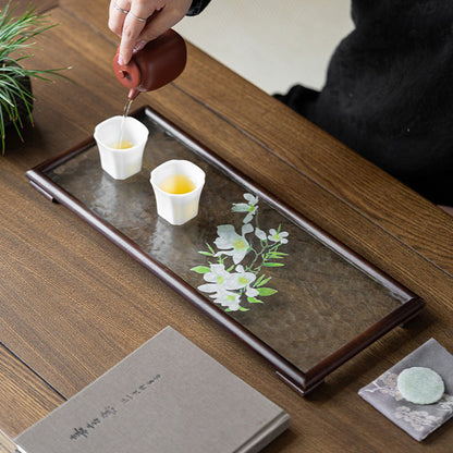 Glass Tea Tray Walnut Wood Frame Water Ripple Floral