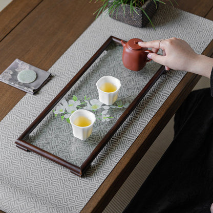 Glass Tea Tray Walnut Wood Frame Water Ripple Floral