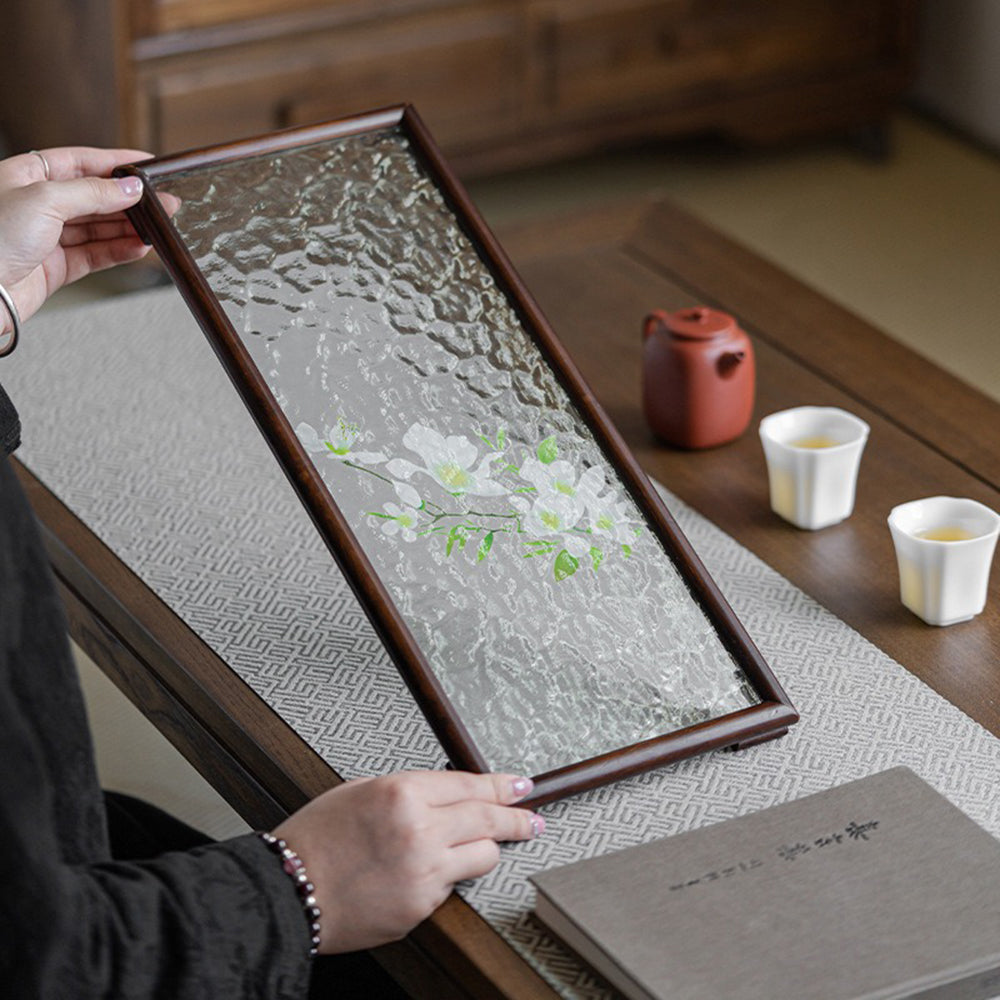 Glass Tea Tray Walnut Wood Frame Water Ripple Floral