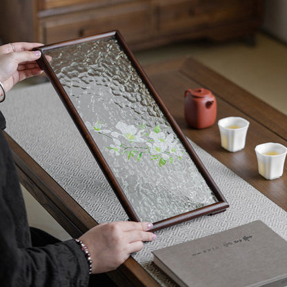 Glass Tea Tray Walnut Wood Frame Water Ripple Floral