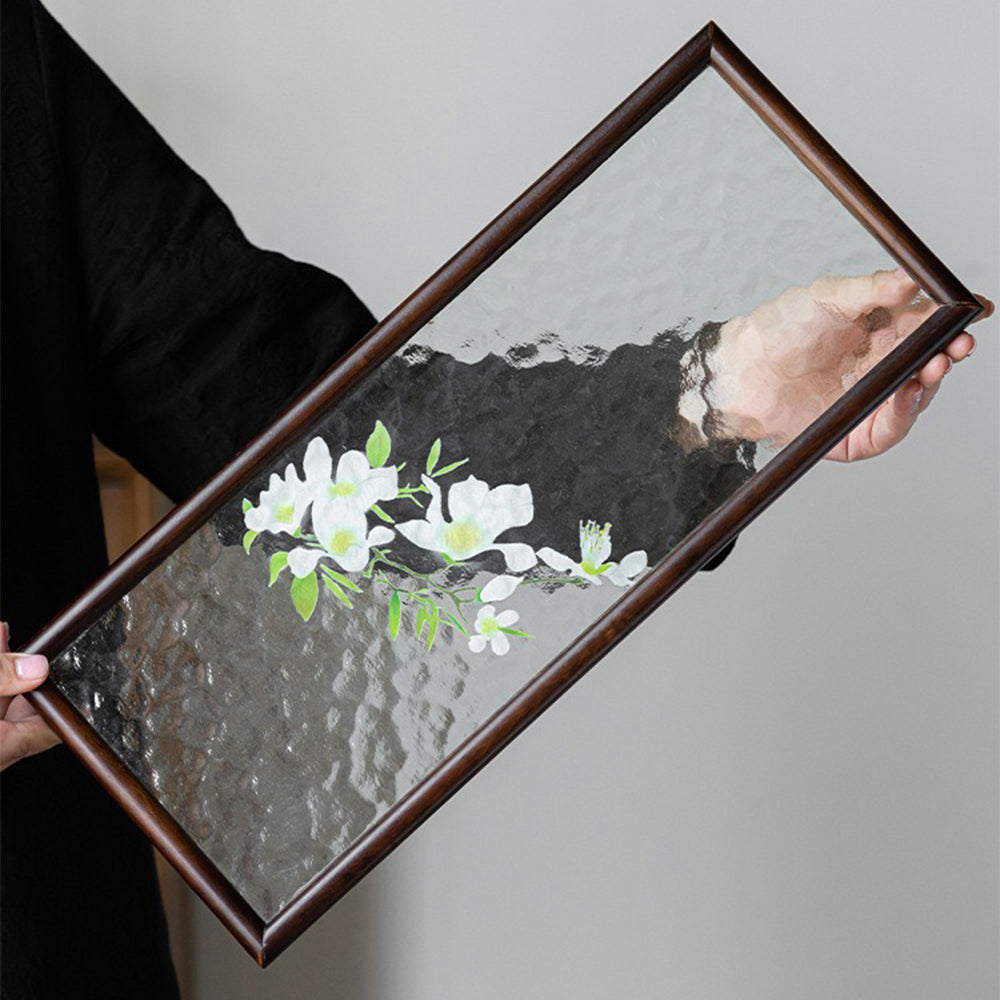 Glass Tea Tray Walnut Wood Frame Water Ripple Floral