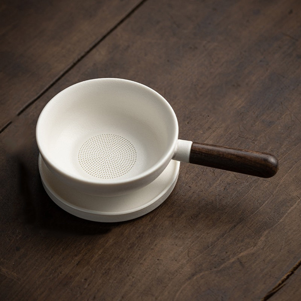 Ceramic Pan Tea Strainer with Coaster | Wood Handle Loose Leaf