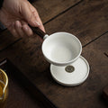 Ceramic Pan Tea Strainer with Coaster | Wood Handle Loose Leaf