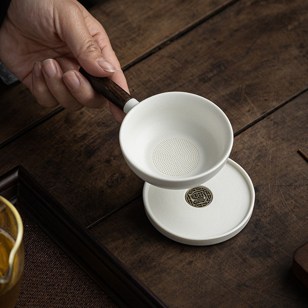 Ceramic Pan Tea Strainer with Coaster | Wood Handle Loose Leaf