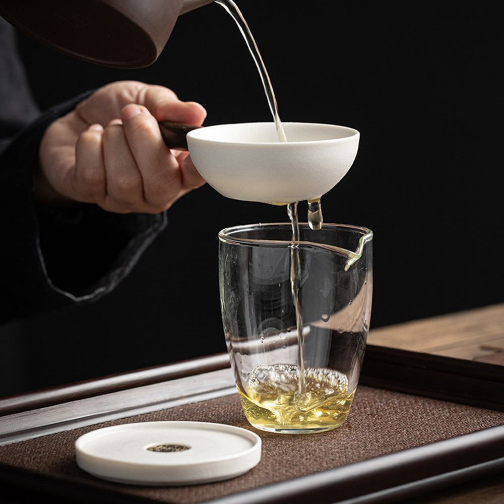 Ceramic Pan Tea Strainer with Coaster | Wood Handle Loose Leaf