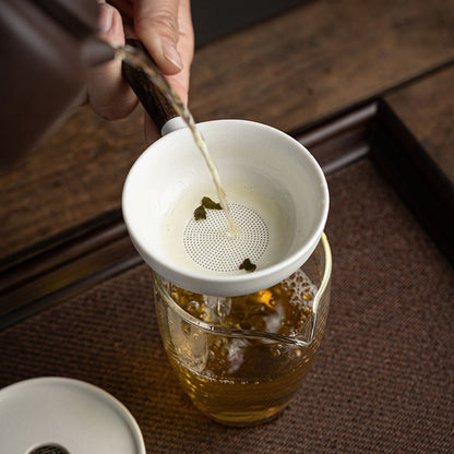 Ceramic Pan Tea Strainer with Coaster | Wood Handle Loose Leaf